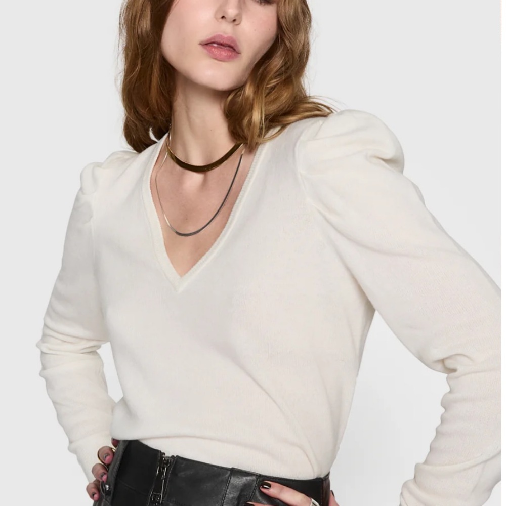 Mango Cream V-Neck Long Sleeve Puff Shoulder Top